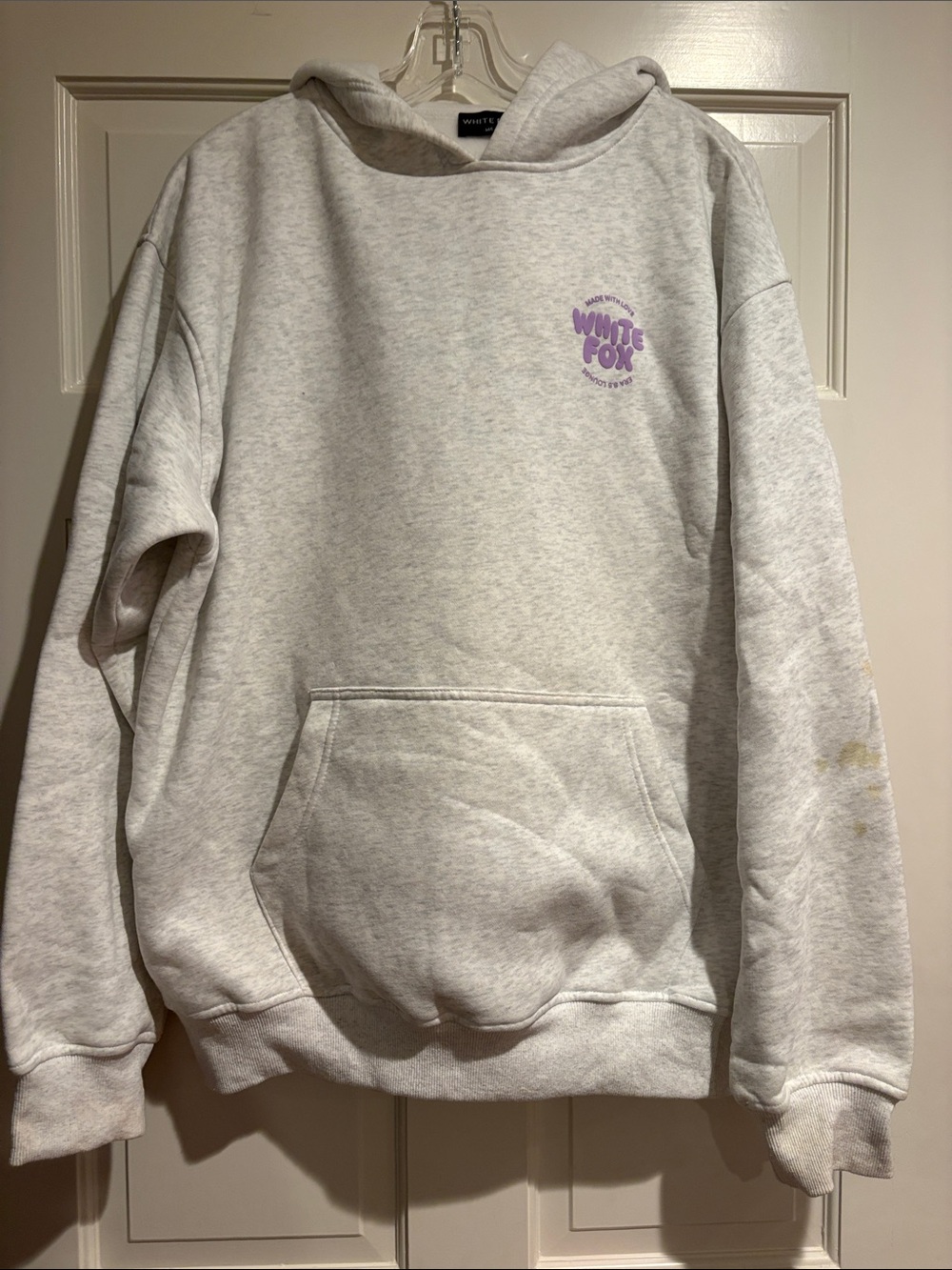 White Fox Boutique Light Gray Hoodie with Lavender Logo